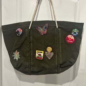 Free People Olive Tote with Colorful Patches
